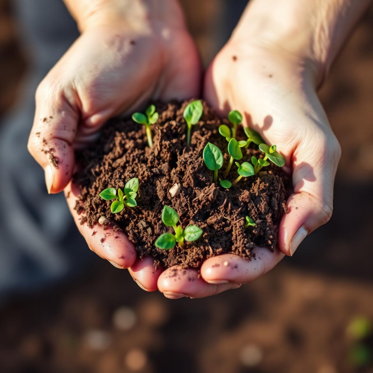 Mãos segurando terra fértil com brotos verdes